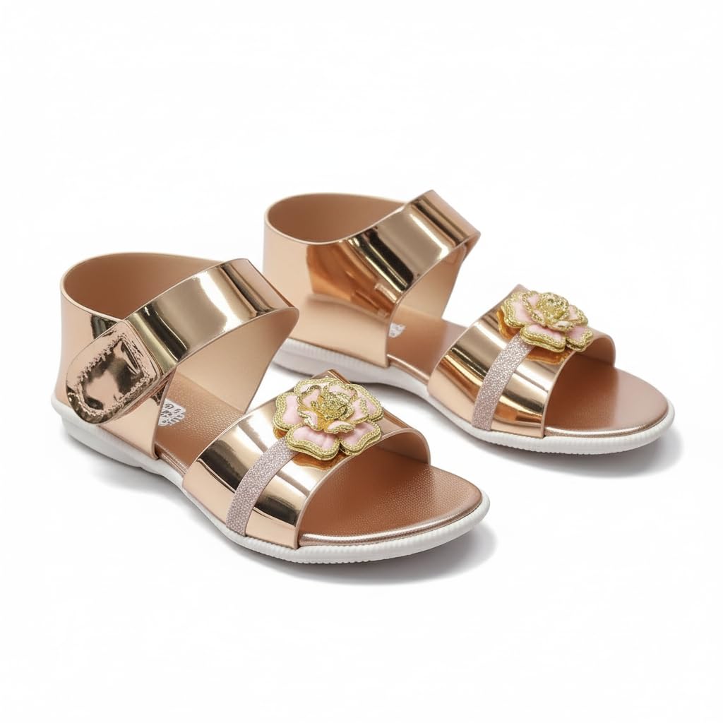 :Girls Trendy Sandals With Holographic Floral Strap, Welcro Style, Sandals | (Rose, Uk Footwear Size System, Little Kid, Age Ra 3-3.5