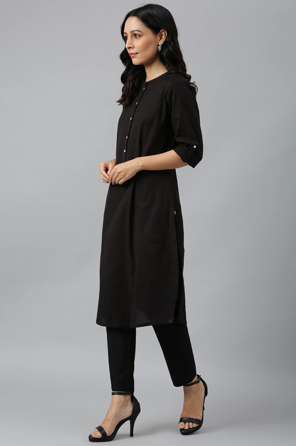 W Black Solid Cotton Blend Straight Long Kurta For Women