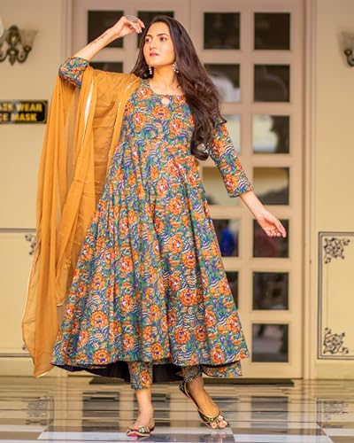ANNI DESIGNER Womens Rayon Blend Bagru Printed Anarkali Kurta with Pant & Dupatta (Locket-Multi_XXL_Mustard_XX-Large)