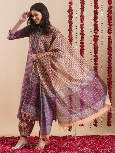 ANNI DESIGNER Womens Rayon Blend Straight Printed Kurta with Pant & Dupatta (JAAFERI PURPLE-VKS02_XL_Purple_X-Large)