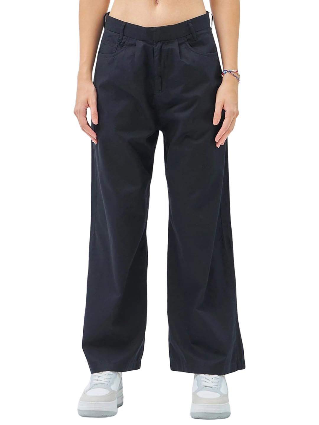 Bewakoof Womens Solid Super Loose Fit Cotton Baggy Wide Leg Pants_ 620032 Black_ 34
