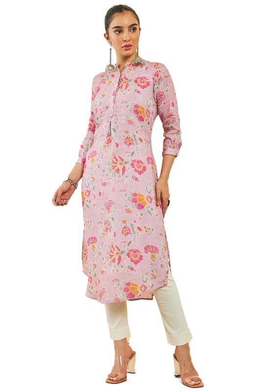 Soch Women Linen Botanical Print Curved Hemline Kurta with Pocket