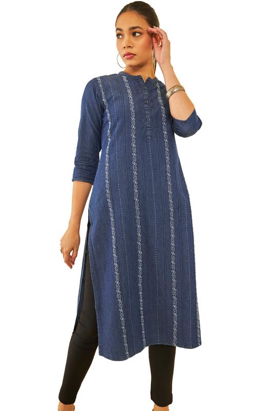 Soch Womens Indigo Cotton Floral Embroidered Mandarin Collar Kurta