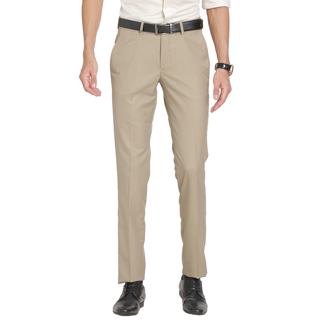 Turtle Men Poly Viscose Checkered Slim Fit Dark Beige Formal Trouser