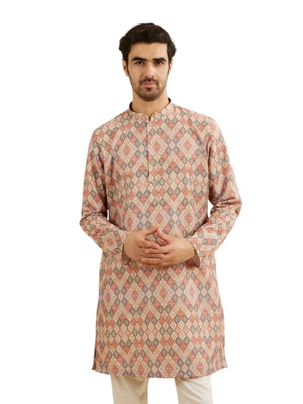 Manyavar Mens Viscose Blend Digital Print Long Kurta (Beige,XXL)