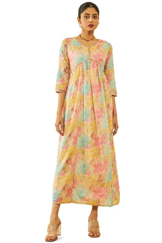 Soch Women Multicoloured Cotton Floral Print Alia Cut V-Neck Ankle-Length Dress