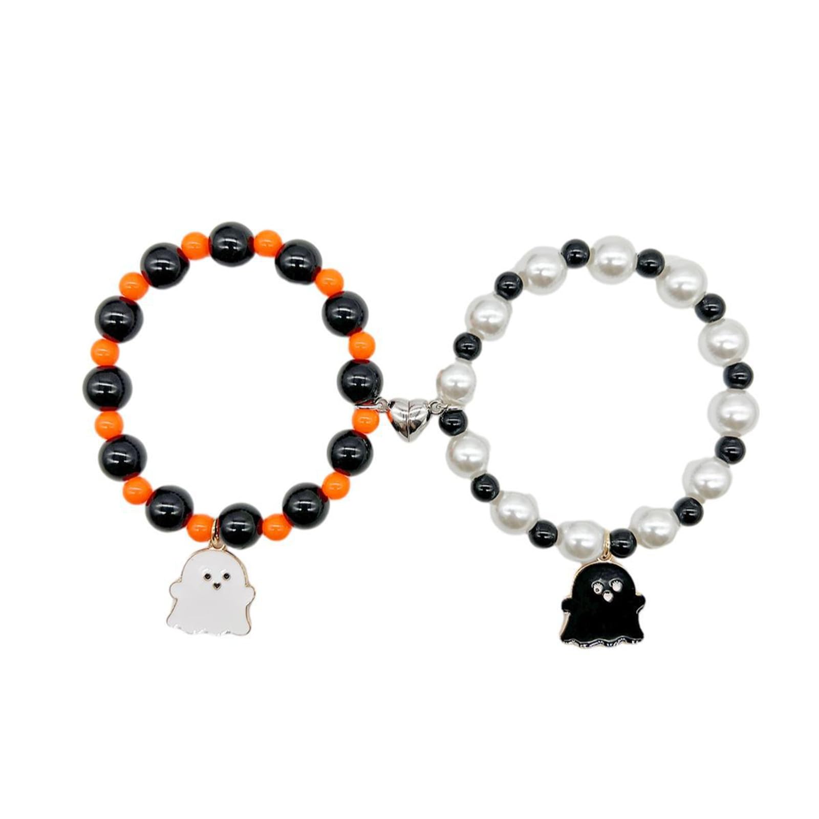 2Pcs Love Heart Couple Matching Beaded Ghost Bracelet Set Stretch Braide Rope Halloween Mummy Bat Devil Pumpkin Wizard Bracelet 