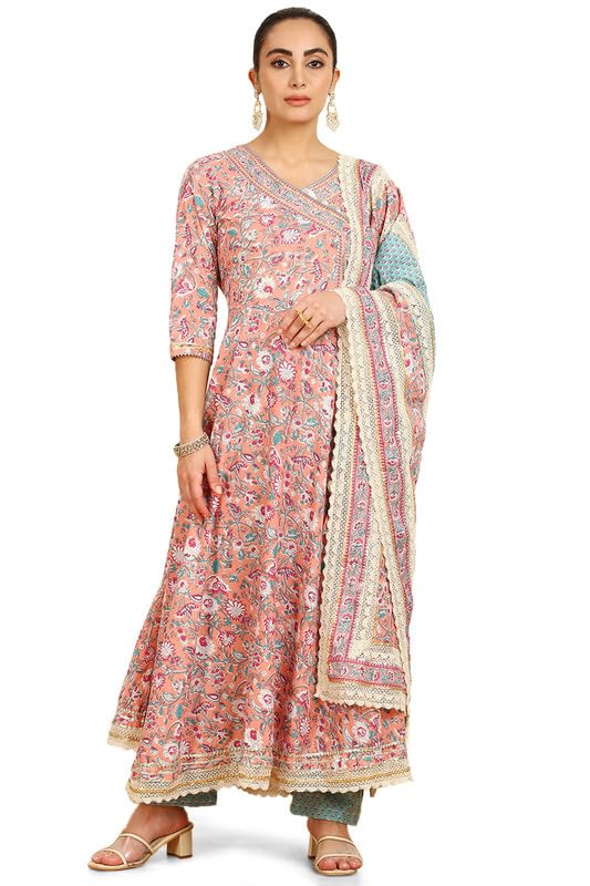 Soch Womens Peach Floral Print Angrakha Cotton Suit Set – Wardrobecrush