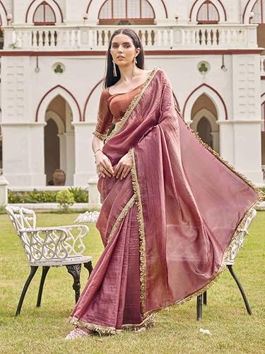 Womanista Womens Solid Embellished Lace Saree With Un-stitched blouse