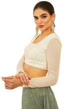 Soch Womens Cream Georgette Sequinned Embellished Blouse With Tie-Ups