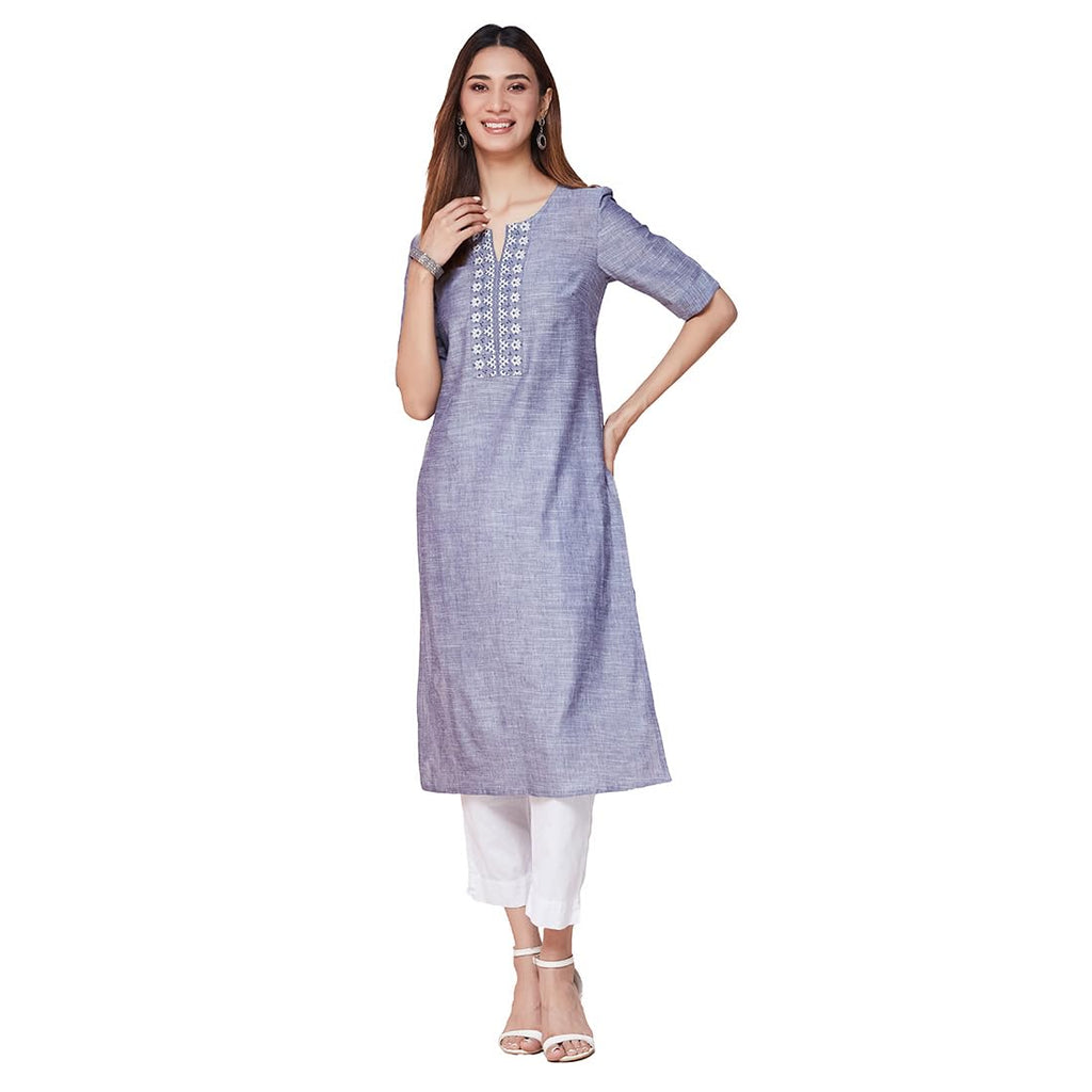 Fabindia WomenS Cotton Solid Slim Kurta (1037332Blue_Blue