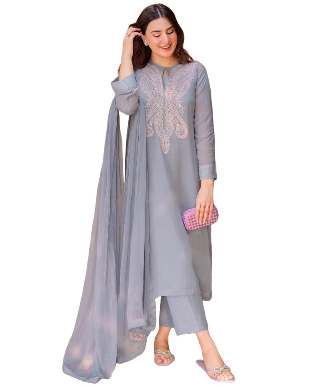 ANNI DESIGNER Womens Cotton Blend Embroidered Straight Kurta with Pant & Dupatta (Gudali Blue_XL_Blue_X-Large)