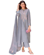 ANNI DESIGNER Womens Cotton Blend Embroidered Straight Kurta with Pant & Dupatta (Gudali Blue_XL_Blue_X-Large)