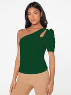 Shasmi Womens & Girls Bottle Green Short Puff Sleeve, One Shoulder Neck, Ruched Bust Solid Tops for Women/Tops, T-Shirts for G
