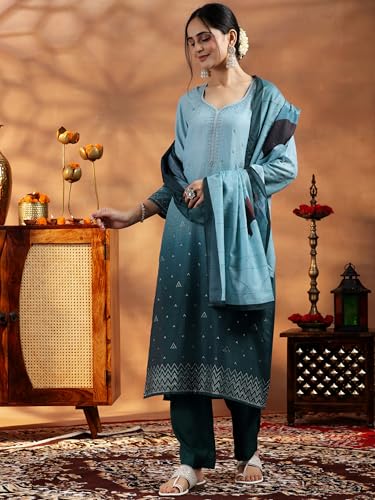 Libas Womens Embellished Muslin Straight Kurta With Trousers And Dupatta