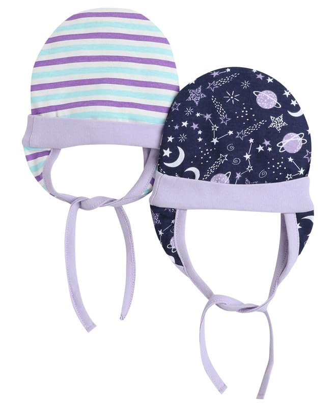BUMZEE Navy & Lavender Baby Girls Ear Flap Tying Cap Pack of 2 Age - 0-3 Months (Peb8622B-nbl.lvd)