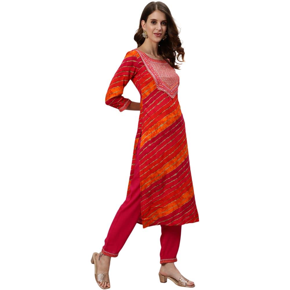 Anubhutee Rayon Leheriya Printed Festive Straight Kurta Pant Suit Set For Women