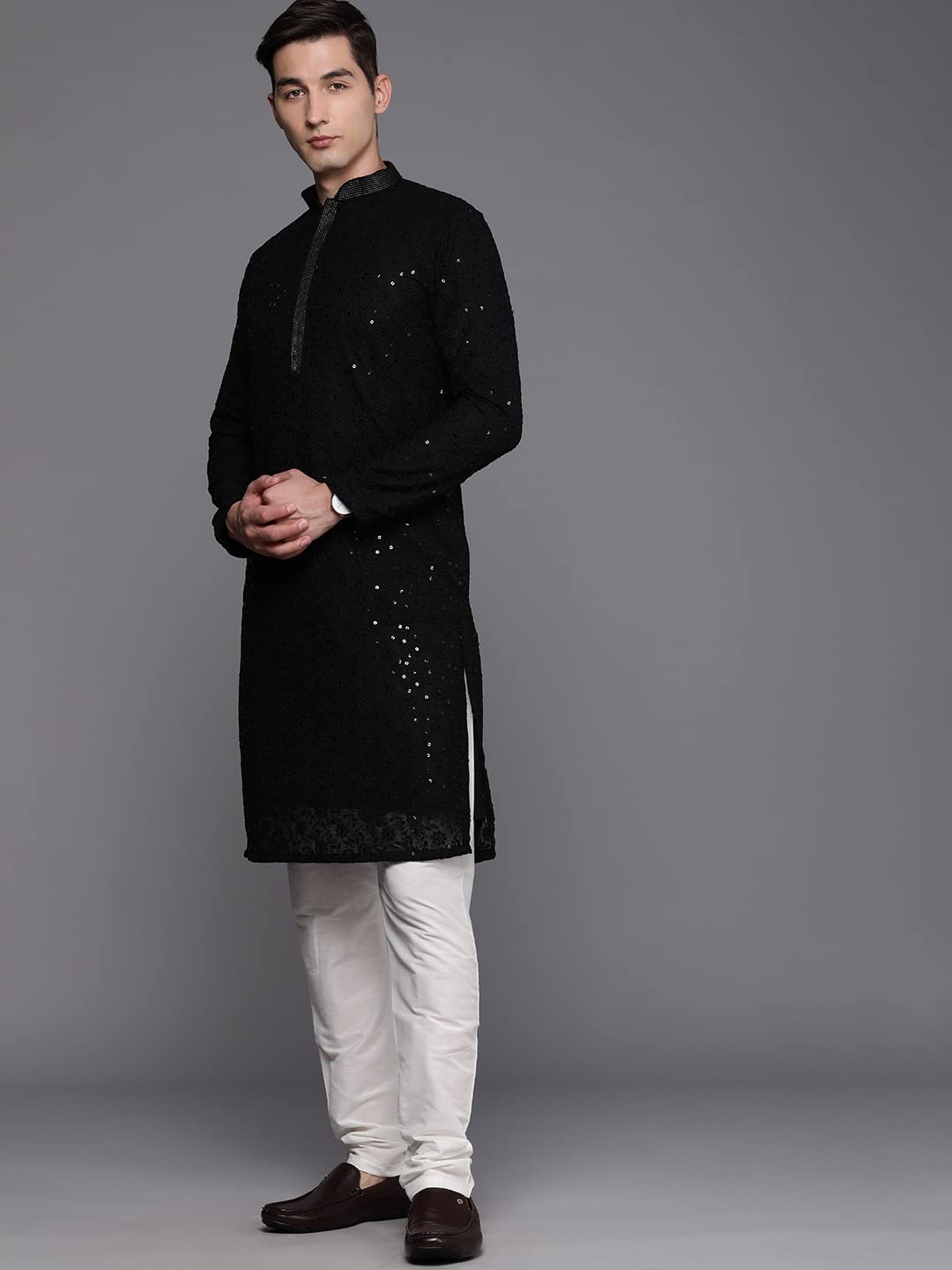 Manyavar Kurta Set For Men, Full Sleeves Mandarin Collar Ethnic Kurta Set For Engagement & Wedding, Party All Over Self Design K