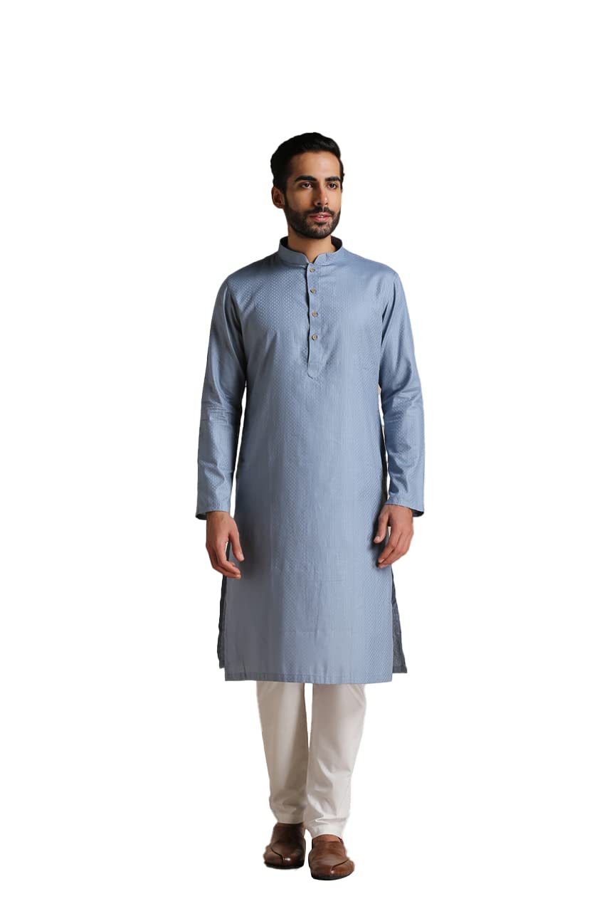 Manyavar Kurta Set For Men, Full Sleeves Mandarin Collar Ethnic Kurta Set For Engagement, Wedding, Party Cotton (Grey, Xl)