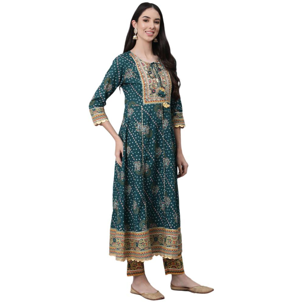 Anubhutee WomenS Cotton Teal Gota Patti Ethnic Motifs Printed Anarkali Kurta Suit Set With Trousers And Dupatta