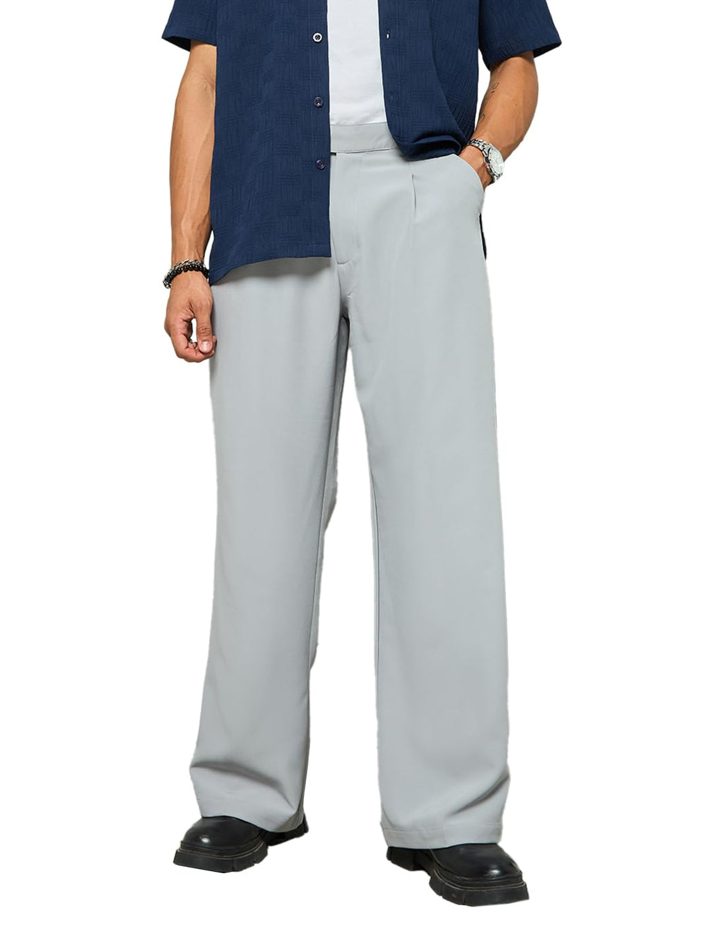 Bewakoof Mens Solid Wide Leg Polyester Blend Korean Pant_633825_Grey_XL