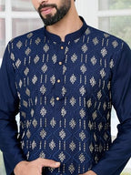 See Designs Mens Full Sleeve Mandarin Collar Blue Ethnic Motifs Embroidered Sequinned Mandarin Collar Straight Long Kurta - Fes