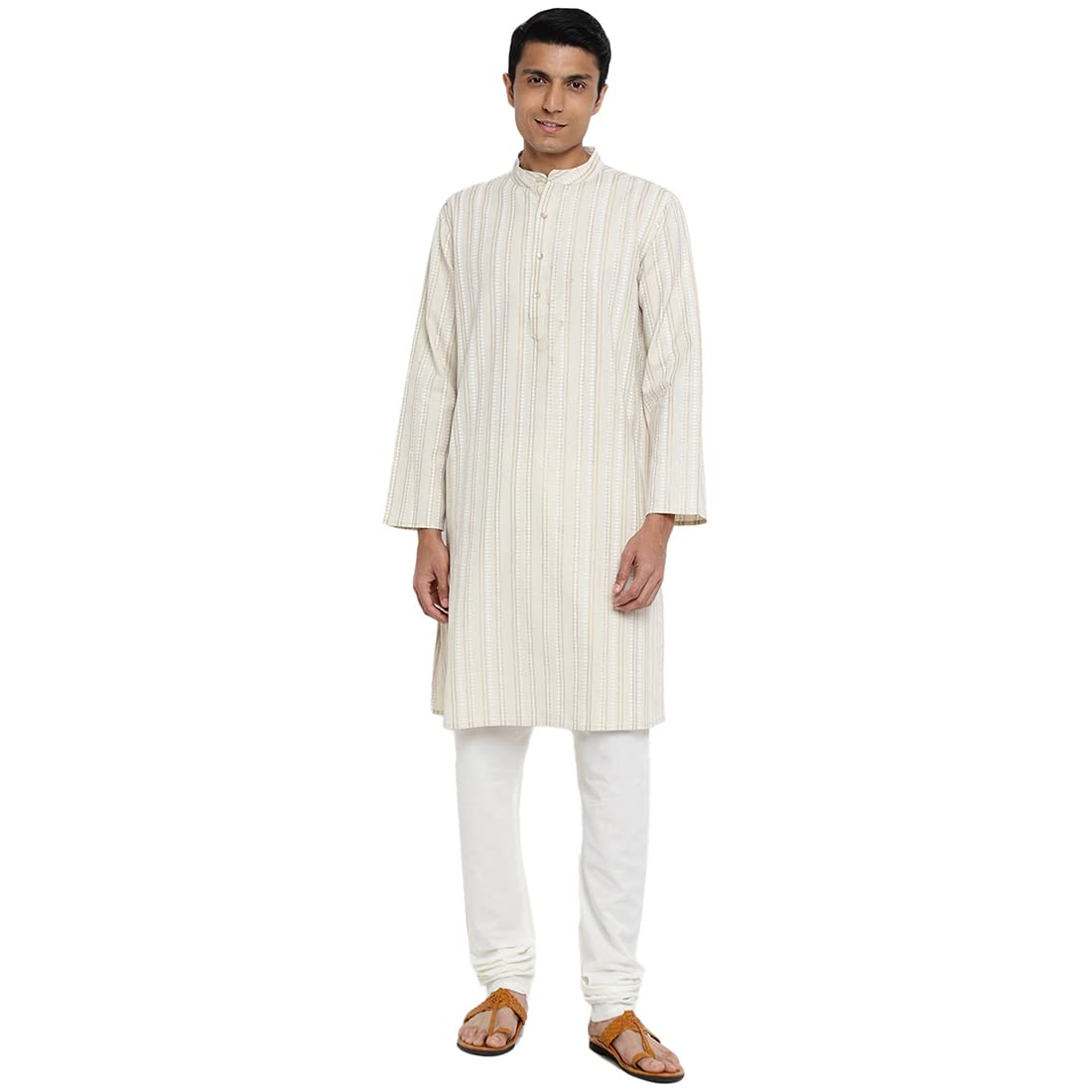 Fabindia Men Cotton Linen Printed Long Kurta Natural_M