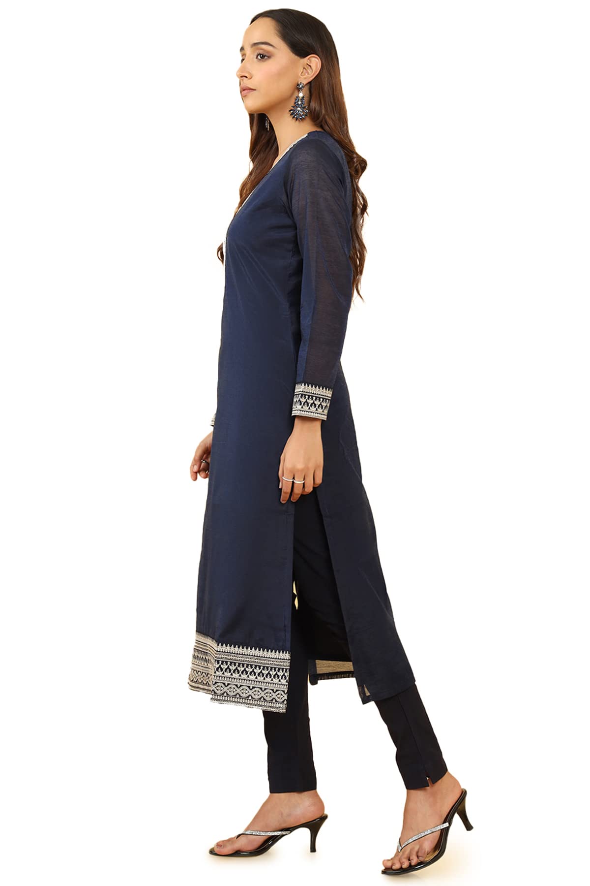 Soch Women Dark Blue Chanderi Embroidered Kurta
