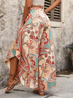 Greciilooks Boho Printed Wide Leg Palazzo Pants For Women, Flowing High Waist Rayon Trousers For Beach, Vacation, Lounge, And Su