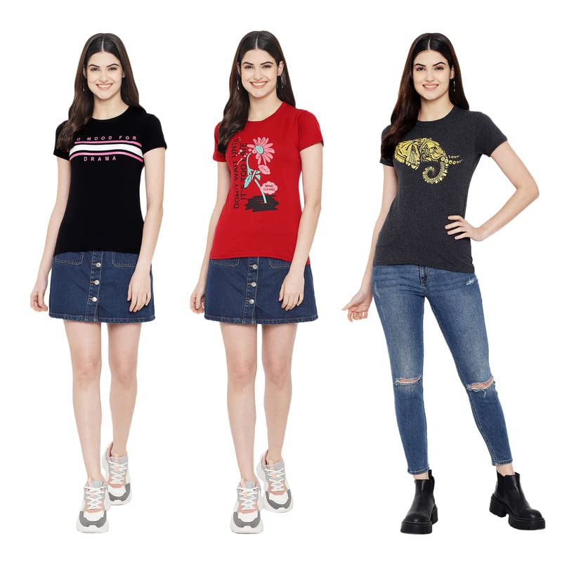 Preneum Womens Cotton Regular Fit Latest Graphic Stylish Printed Short Sleeves Casual T-Shirt || Latest Trending Style (Pack 3)