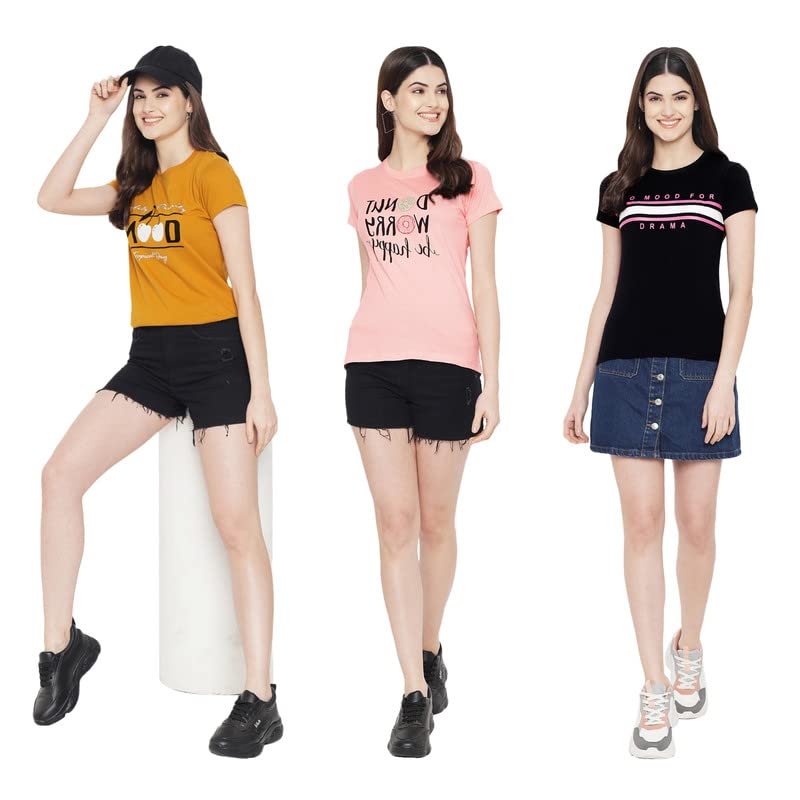 Preneum Womens Cotton Regular Fit Latest Graphic Stylish Printed Short Sleeves Casual T-Shirt || Trend Styles (Pack 3), Yellow