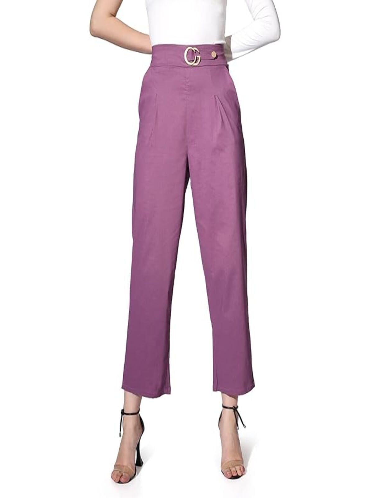 Leriya Fashion Trousers For Women || Solid Bi-Stretch Straight Trousers With 2 Front Pockets & Decorative Buckle || For Office |