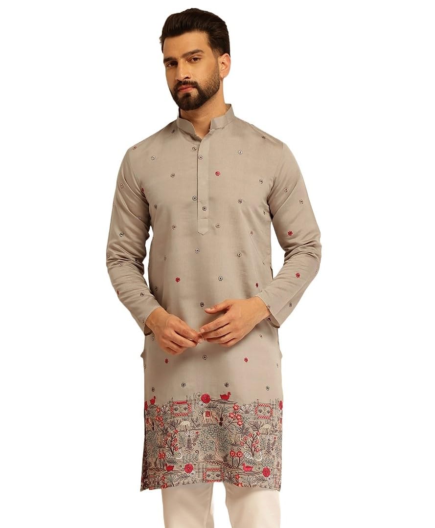 SOJANYA (Since 1958 Mens Cotton Silk Daman Embroidered Grey Long Kurta