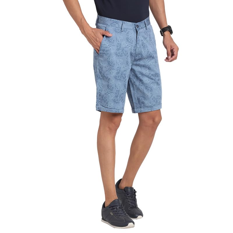 Turtle Men Cotton Stretch Sky Blue Print Slim FitCasual Shorts