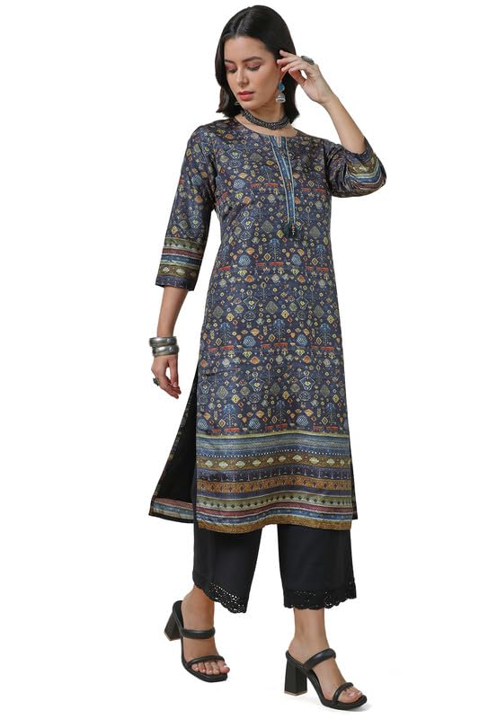 Soch Womens Charcoal Silk Blend Abstract Print Kurta With Tassels