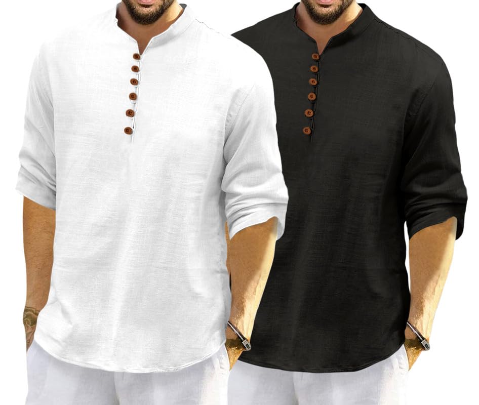 Macsivo MenS Cotton Blend Kurta | Band Collar | Casual | Plain | Formal | Full Sleeve | Summer | Regular Fit - (Combo Pack Of 2