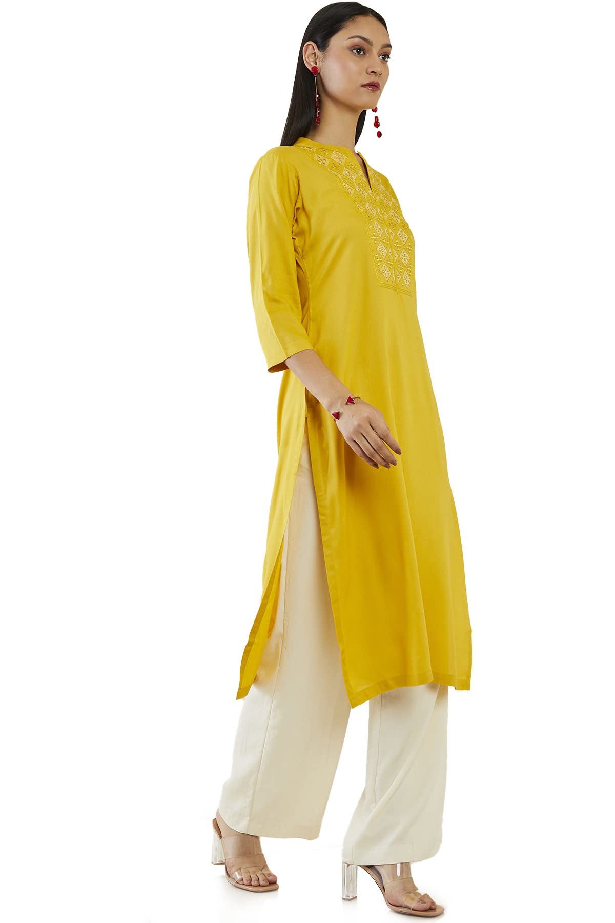 Soch Women Mustard Rayon Embroidered Kurta