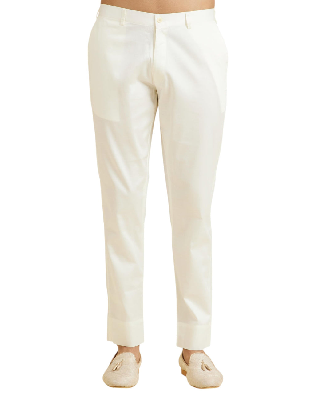 Manyavar Mens Cotton Solid Pants (Warm White,S)