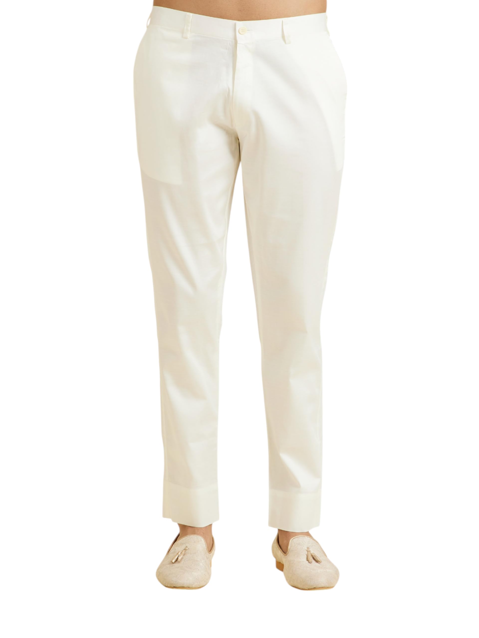 Manyavar Mens Cotton Solid Pants (Warm White,S)
