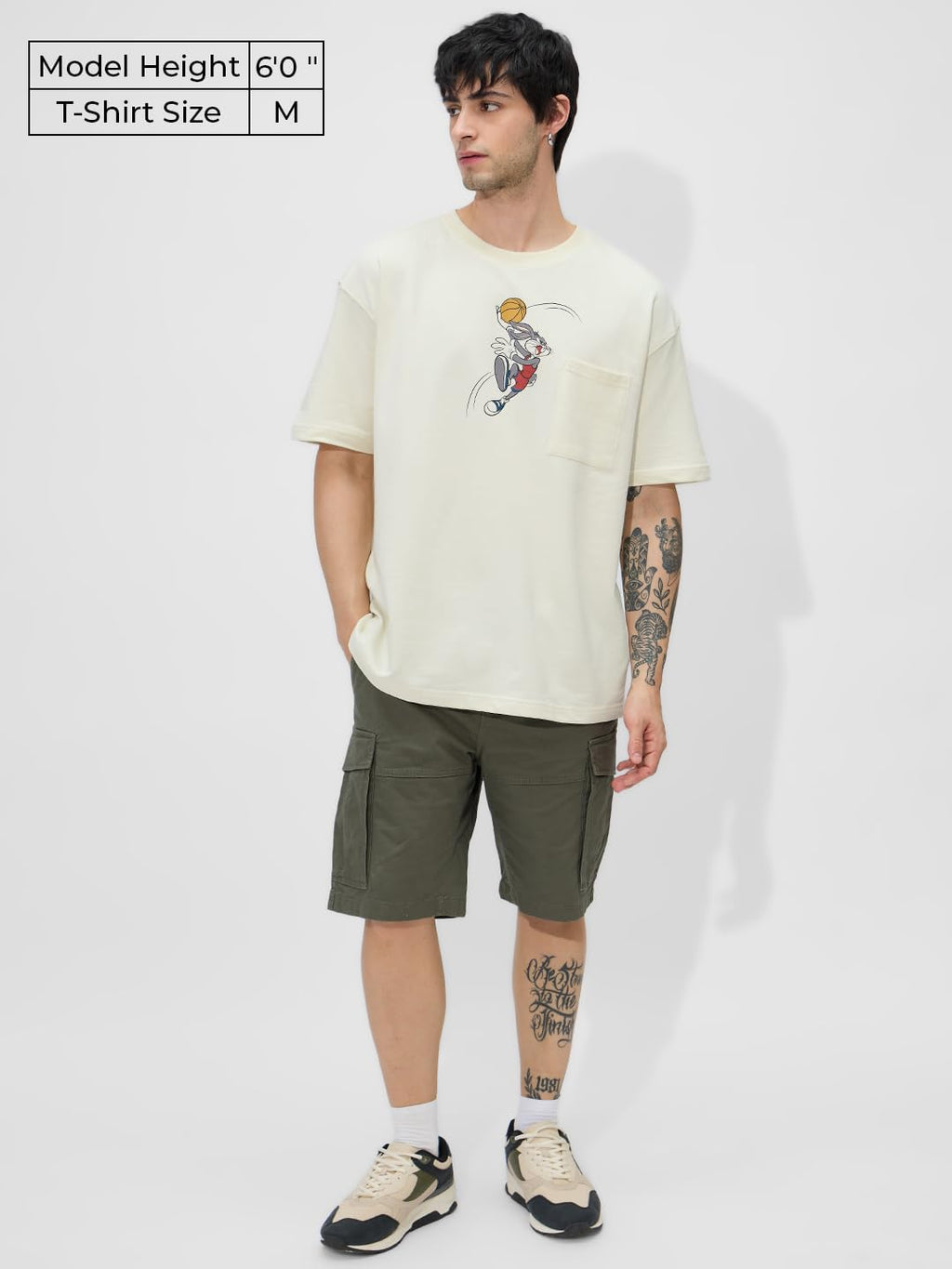 The Souled Store Looney Tunes: Bugs Ball Men and Boys Short Sleeves Round Neck White Graphic Printed Cotton Oversized T-Shirts
