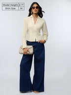 The Souled Store Corset Shirt: Off-White Women and Girls Long Sleeves Collared Neck Button Front Fitted Shirts