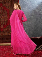ANNI DESIGNER Womens Georgette Lehariya Printed Anarkali Kurta with Pant & Dupatta (MOTHDA-Pink-JL_XL_Pink_X-Large)
