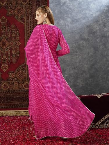 ANNI DESIGNER Womens Georgette Lehariya Printed Anarkali Kurta with Pant & Dupatta (MOTHDA-Pink-JL_XL_Pink_X-Large)