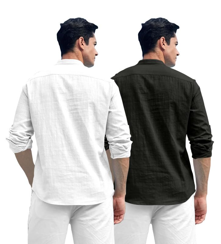 ROYALSCOUT Combo of Mens Solid Cotton Blend Full Sleeve Straight Kurta Shirt (Pack of 2) White-Black