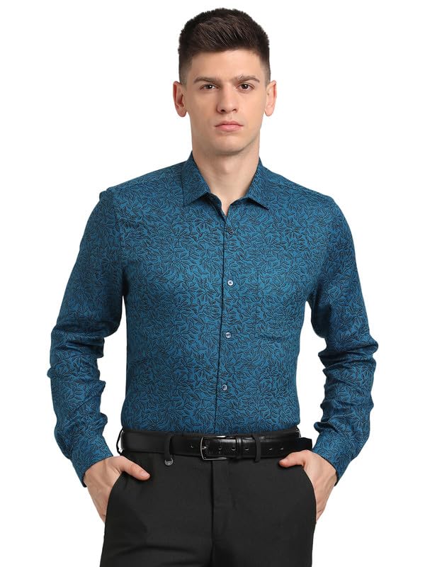 Turtle Men 100% Cotton Slim Fit Blue Printeds Party Shirt