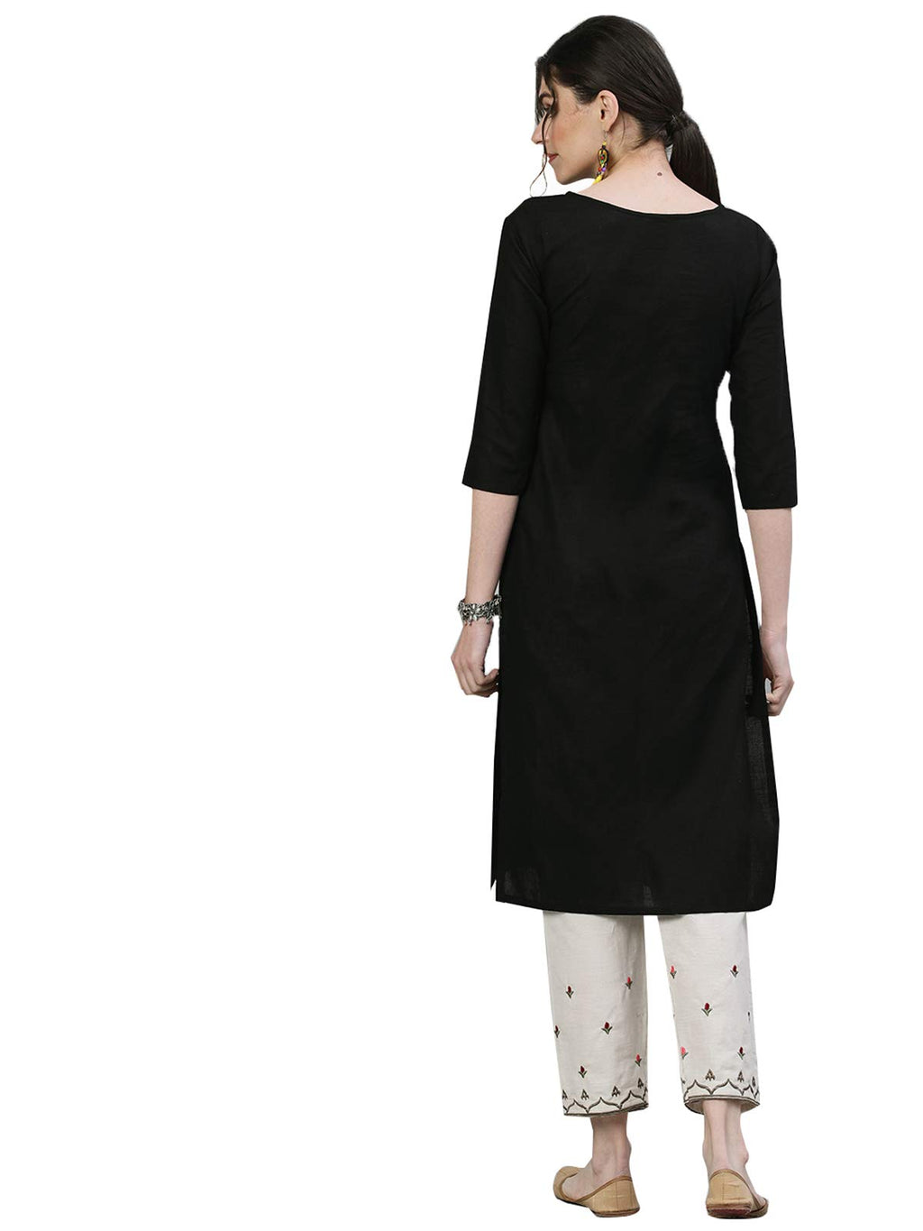 Ishin WomenS Cotton Black & Off White Embroidered Straight Kurta Trouser Set