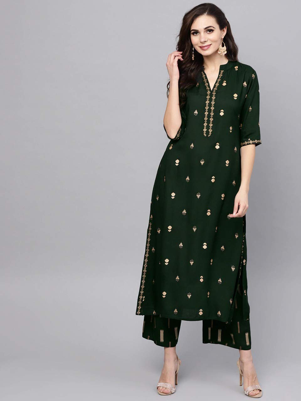 Gosriki Women'S Rayon Printed Straight Kurta With Palazzo Set (Presha Green_Xl)