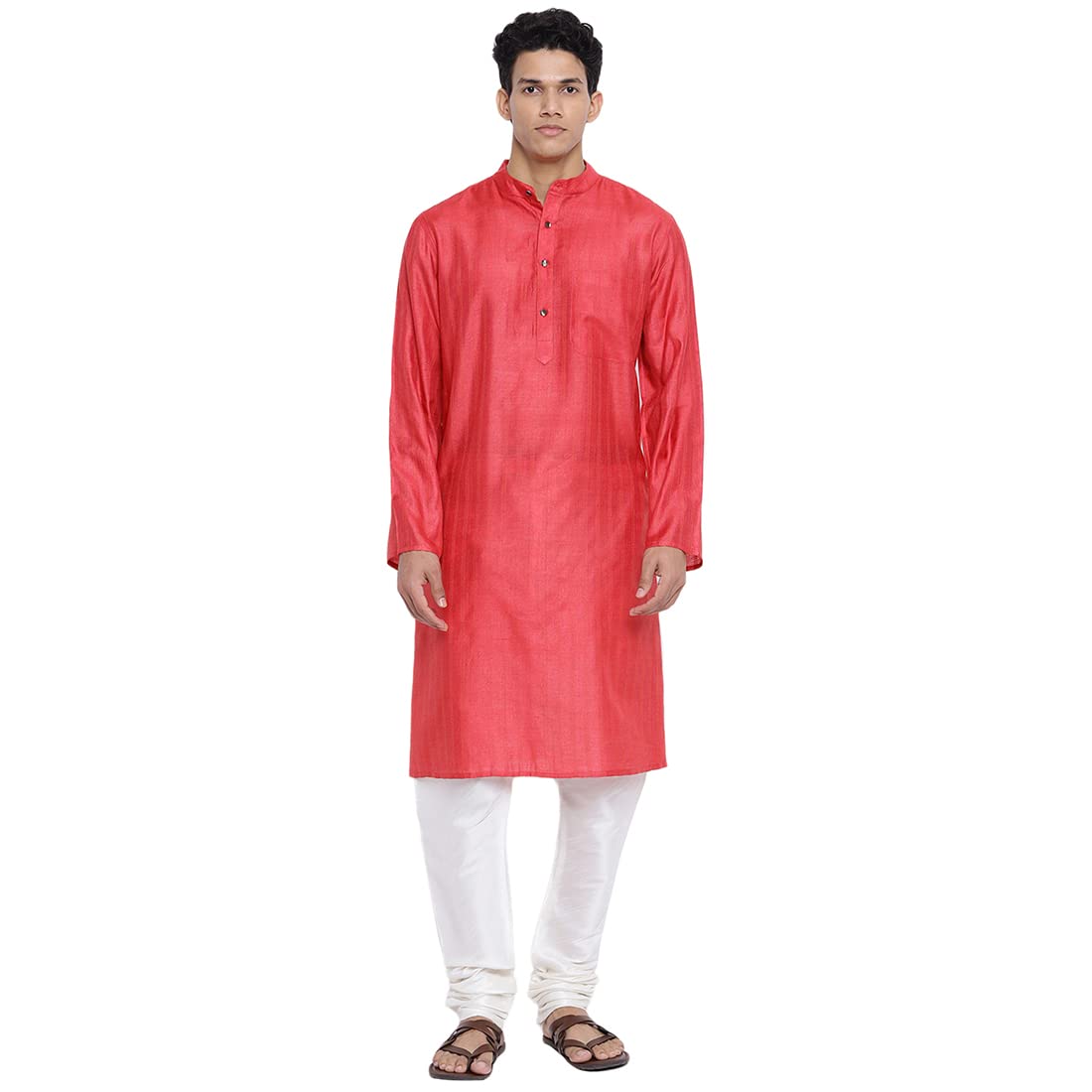Fabindia Men Silk Blend Striped Long Kurta Red_M