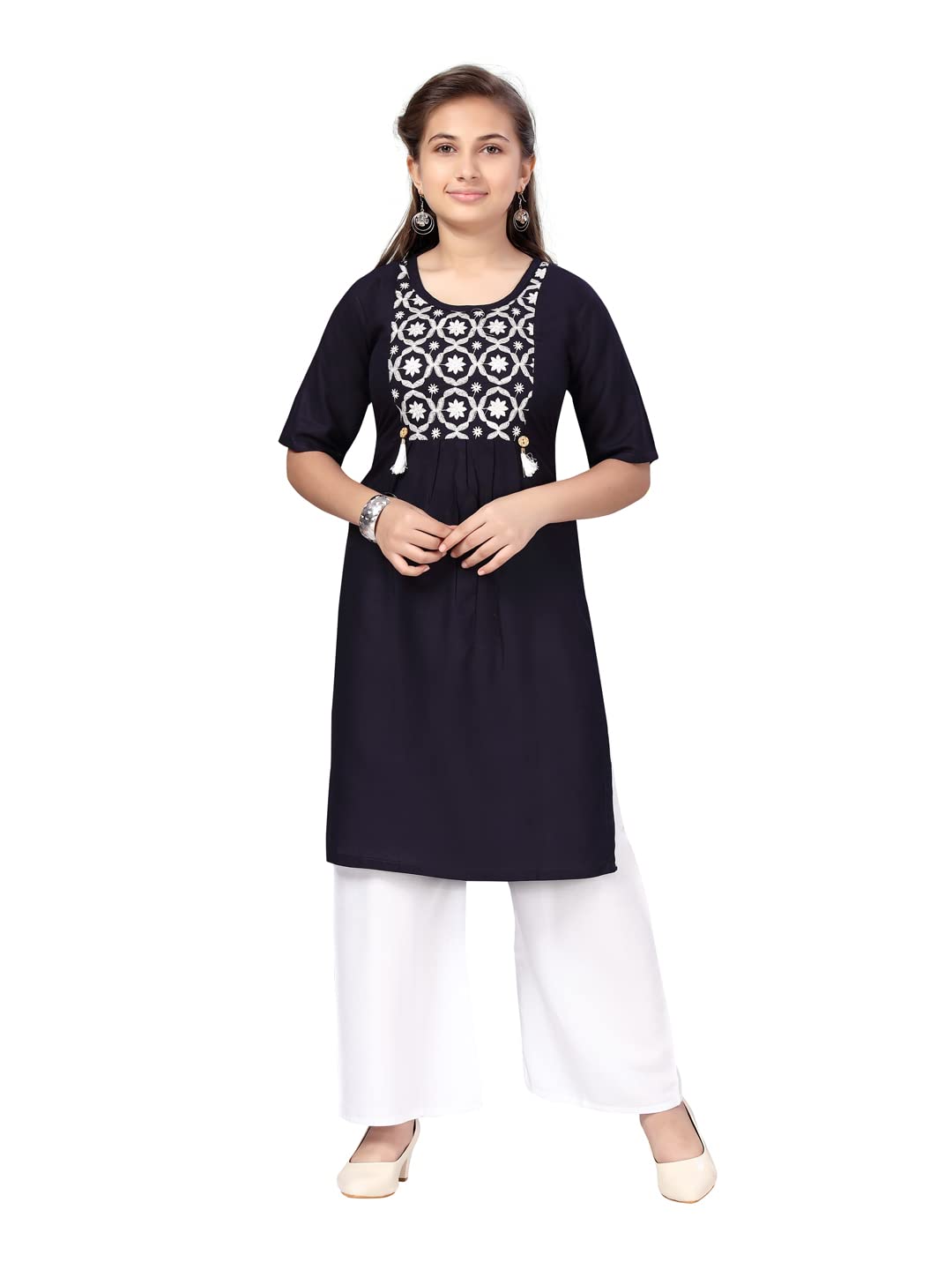Aarika GirlS Cotton Kurti Palazzo Set (Pl-H-6_Navy Blue-White_40)