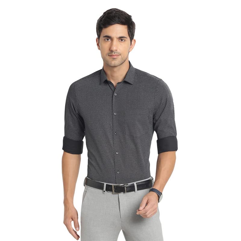 Turtle Men Cotton Tencel Black Printed Slim Fit Full Sleeve Formal Shirt